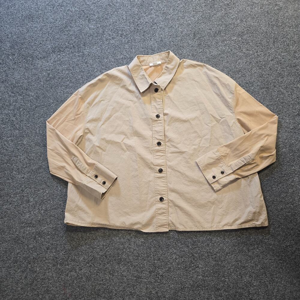 COS Top Womens Size Medium Beige Khaki Button Up Cropped Boxy Long Sleeve Casual